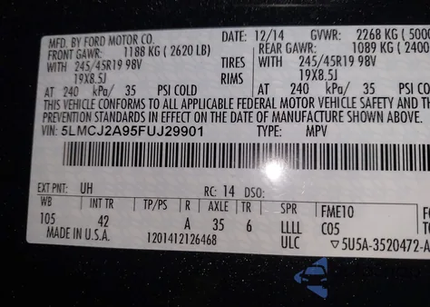 2015 Lincoln Mkc z USA, uszkodzony, nr VIN 5LMCJ2A95FUJ29901